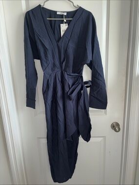 Mango Navy Wrap Midi Dress with Tie Waist